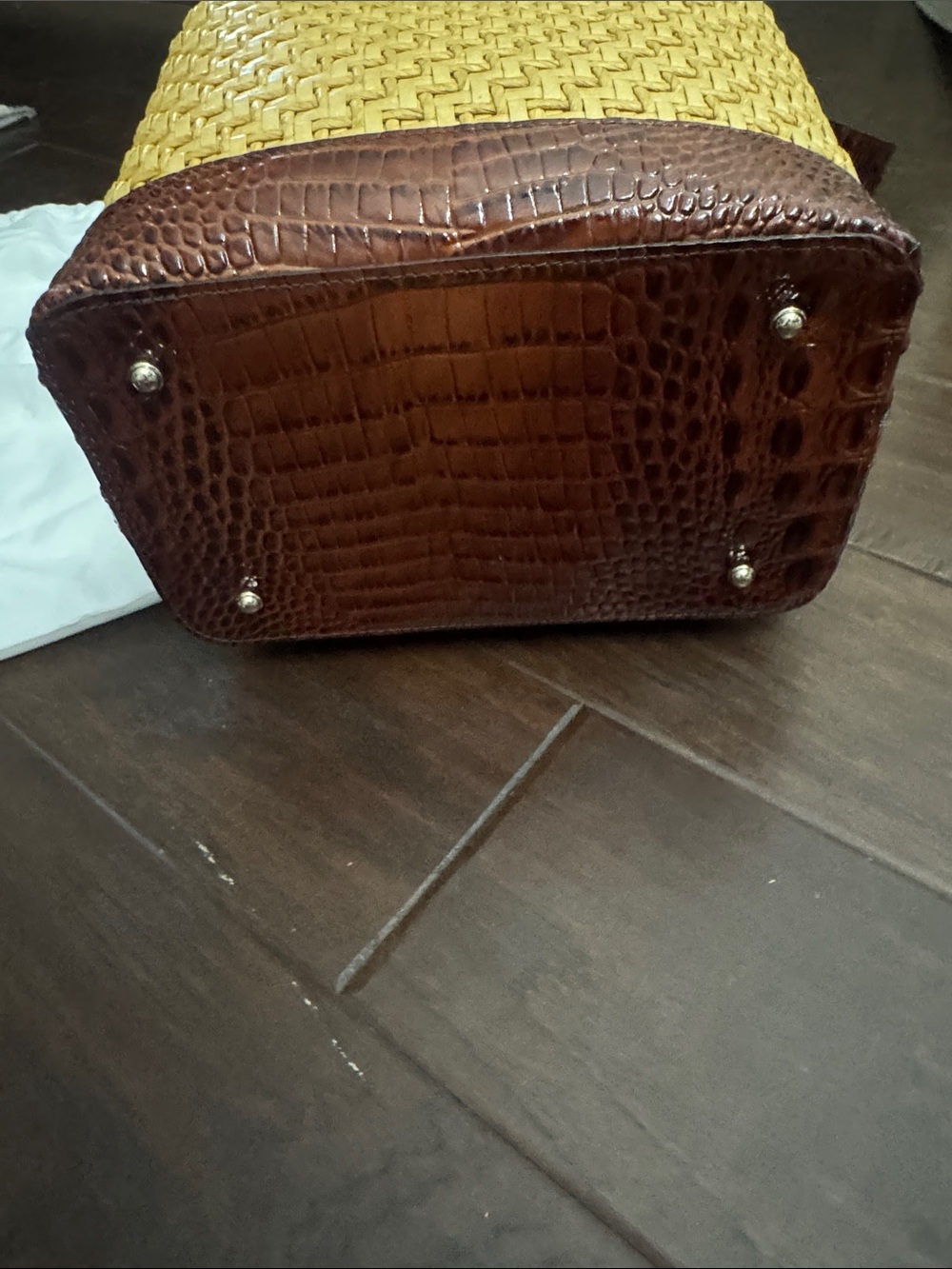 Brahmin Yellow Woven Bucket Bag with Brown Croc Trim - Picture 5 of 5